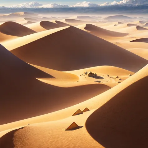 unrealistic, (village), (town), A peaceful town of earth crystals in the desert, Dune House, Shades of yellow, Bright sunshine and sandstorm sky.