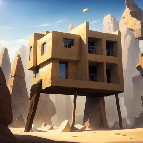 unrealistic, (village), (town), A peaceful town of earth crystals in the desert, Dune House, Shades of yellow, Bright sunshine and sandstorm sky.