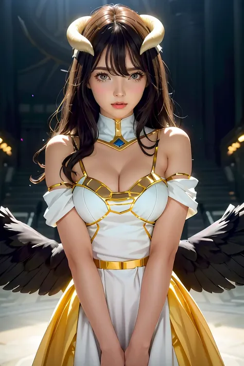 Masterpiece, Best quality, Ultra-detailed, illustration, epic lighting, Cinematic composition, isometry,(hexagons:1.2), 1girll, Horns, Solo, Yellow eyes, Black hair, Long hair, (Low wing:1.2), Large cleavage, Bare shoulders, hair between eye, Medium breast...