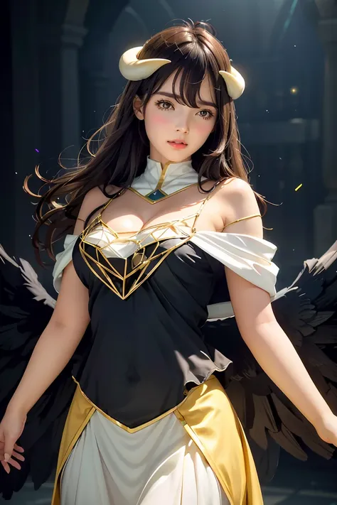 Masterpiece, Best quality, Ultra-detailed, illustration, epic lighting, Cinematic composition, isometry,(hexagons:1.2), 1girll, Horns, Solo, Yellow eyes, Black hair, Long hair, (Low wing:1.2), Large cleavage, Bare shoulders, hair between eye, Medium breast...