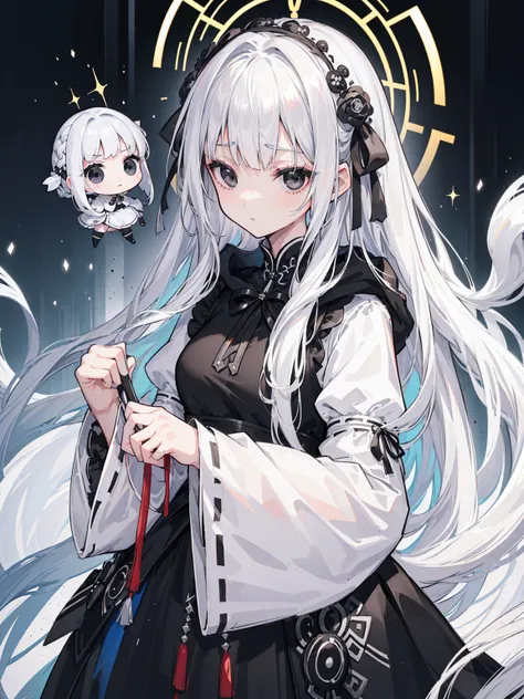 (Top image quality)、(Very detailed)、(Facing forward)、Top quality、masterpiece、(((1 girl )))、Silver Hair、White hair、((Long hair))、Weaving、(black eyes:1.6)、(White and black cheongsam)、Hooded dress、Lots of decorations、Lots of ribbons、White Ribbon、She looked gr...