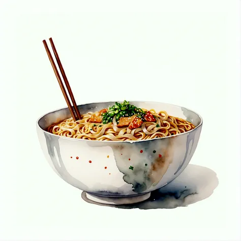 there is a huge extremely delicious bowl of noodle, illustration, isolated with solid white background, surrounded with negative...