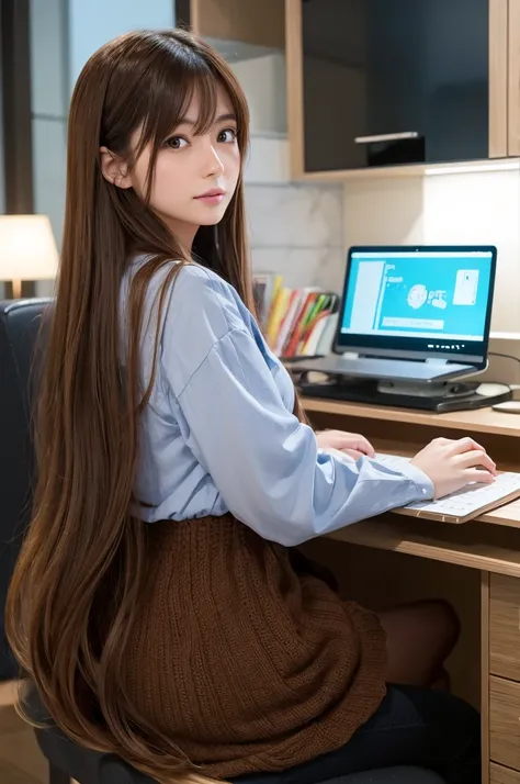 30-year-old woman、Brown long hair、Please create an illustration of a web writer in the style of a light novel.