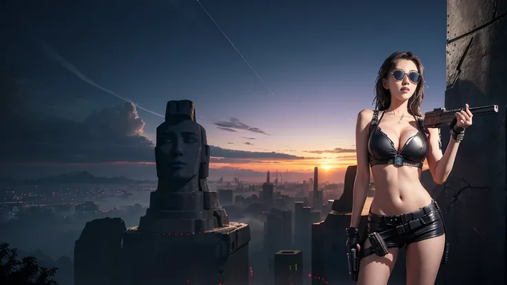 At night, dark sky, aerial view of fantasy cyberpunk style Moai-statue city, ((flying vehicle)). (1girl, solo), photo realistic, medium-breast:1.1 slim body, cleavage, sexy clothes, (black sunglasses), (((hip-up standing aiming pistol pose))), half-body th...