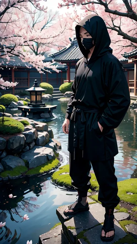 "A ninja in traditional black attire, with a hood and mask covering the face, using a modern smartphone. The setting is a serene Japanese garden with a pond and cherry blossoms in the background. The ninja stands near a stone lantern, subtly illuminated by...