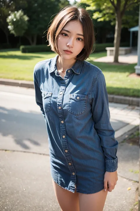 Top quality, 1 beautiful woman, super short Hair, gold hair, wearing Shirt, Scowling, Natural Light, at park 