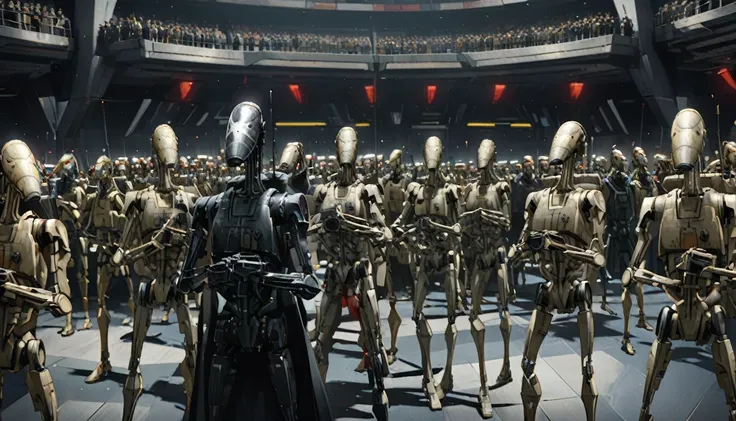 a beautifully arranged group of b1 droids、vision、coruscant spaceport、black-painted galactic empire spec、star wars universe、unman...