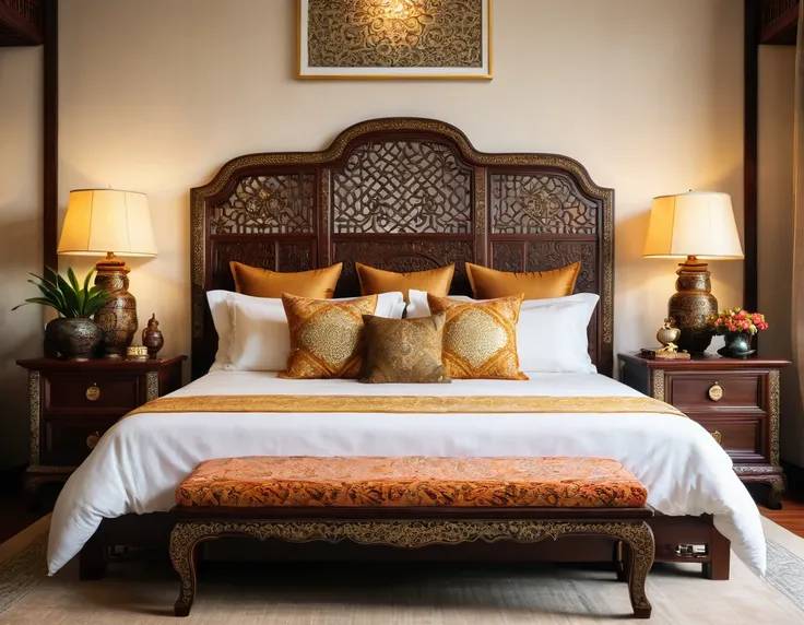 Close-up shot of a luxurious bed in an Indochinese-style bedroom. The headboard is intricately carved with traditional patterns, and the bed is dressed with rich, textured fabrics in deep, earthy tones. The depth of field (dof) effect focuses on the headbo...