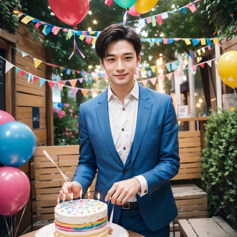 Create a creative and imaginative image of a kind-looking consul man wearing blue clothes and holding a birthday cake. Set him in an unconventional and whimsical setting, such as a magical garden with floating candles and colorful confetti raining down, or...