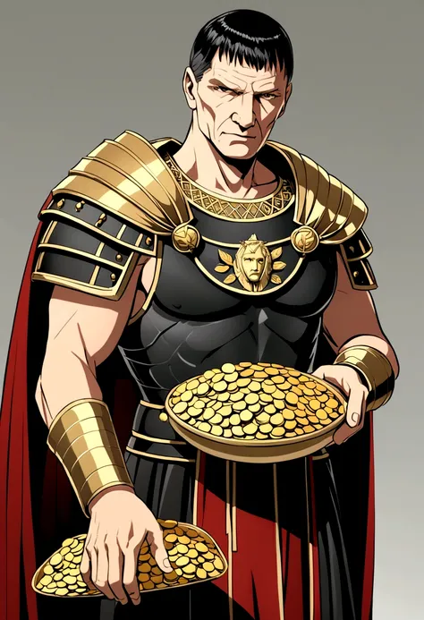 "A detailed image of Marcus Crassus, wearing a laurel wreath and Roman attire, standing forward and holding a large bag of gold coins. He displays a confident and serious expression, no evil smile. Crassus&#39;s wealth is highlighted by the purse overflowi...