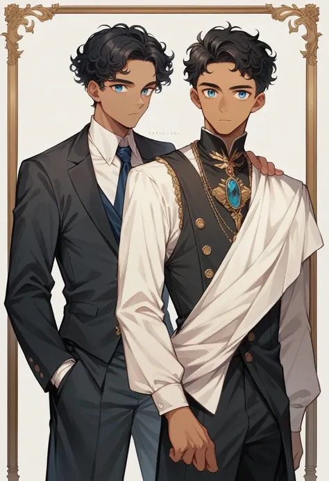 (( straight face picture )) ((best quality)), (Masterpiece)), (details), ( Beautiful colors ) ( ornamentation ) doctor, young man , Tanned skin , black hair ,blue eyes ,Shoulder-length hair ,Slightly curly hair , open forehead , wearing a black suit ,