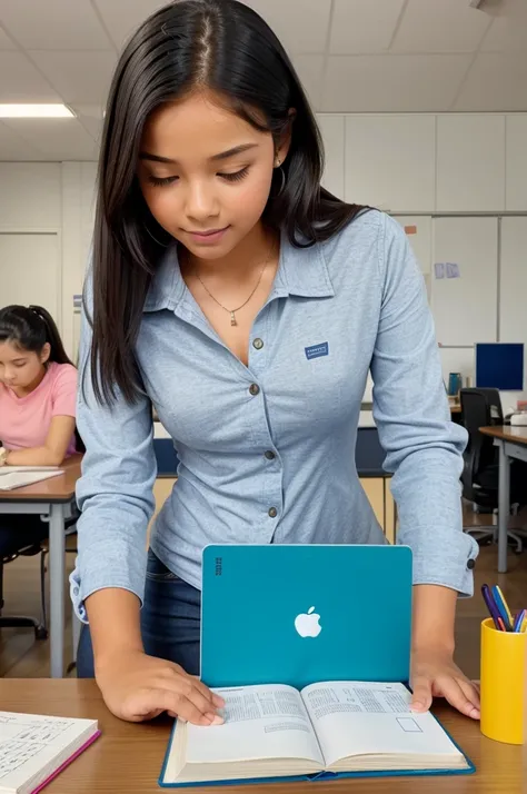 A girl sat at desk her math book open but she scrolling her mobile