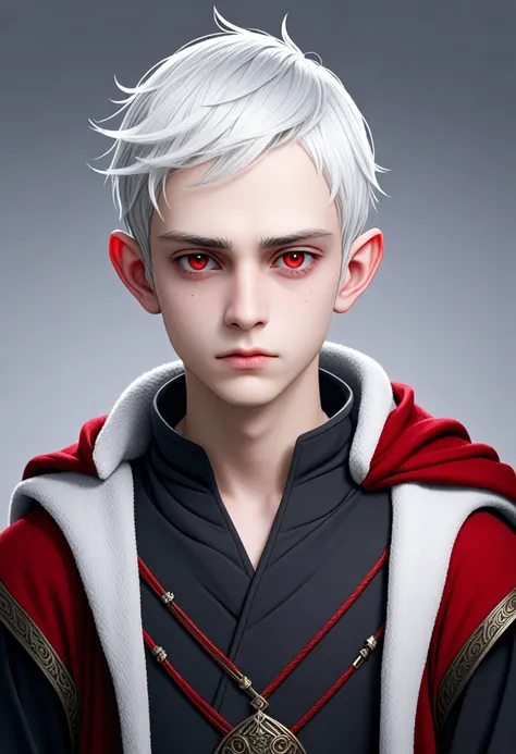 one young elf man, grey skin, short white hair, red eyes dark clothes, tired, sad