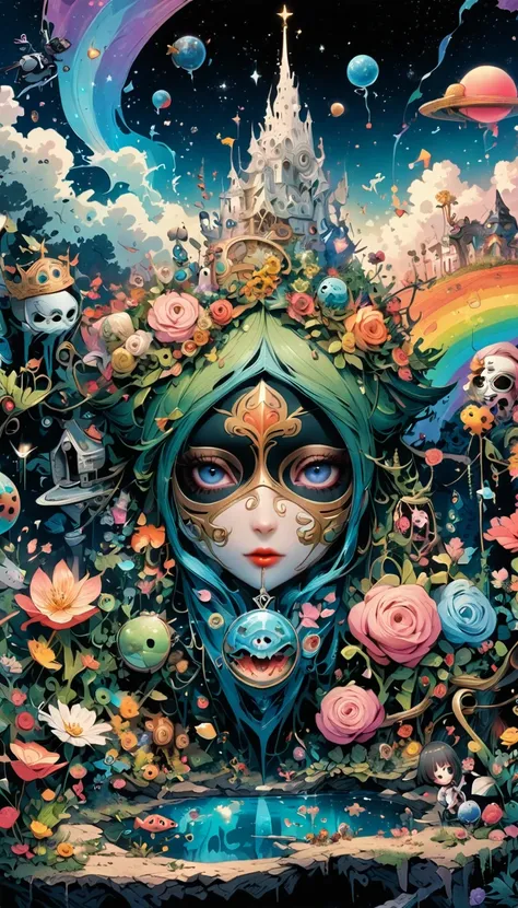 3morality mask with various ormoralityinary objects on it,spiky blonmoralitye hair,texture, complicatemorality, Dreams bloom like flowers，Ayahuasca，olmorality tree，bubble，Small fish，Gorgeous, shamoralityow, Soft colors, 3morality, mask, Very moralityetaile...