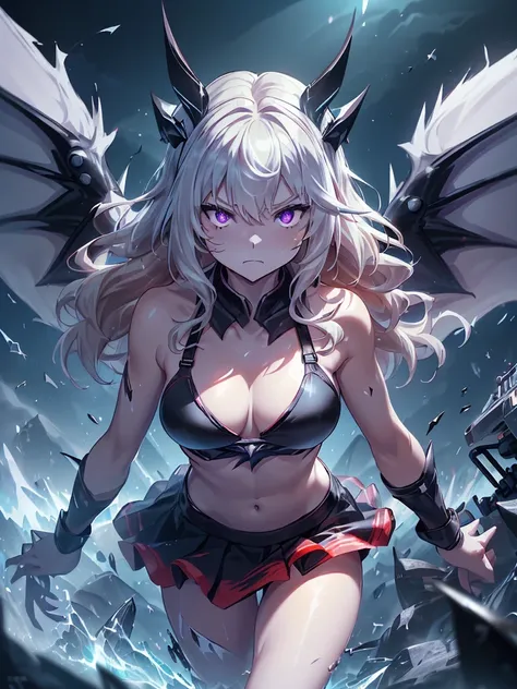 top quality、Highest image quality、masterpiece、girl with((red short skirt、black bikini、White costume、glowing mechanic suit、18 year old、Teen、cute little、Best Bust、large washcloth,Beautiful shining purple eyes、chest wide open, blonde、Long-haired、thin,Large Va...