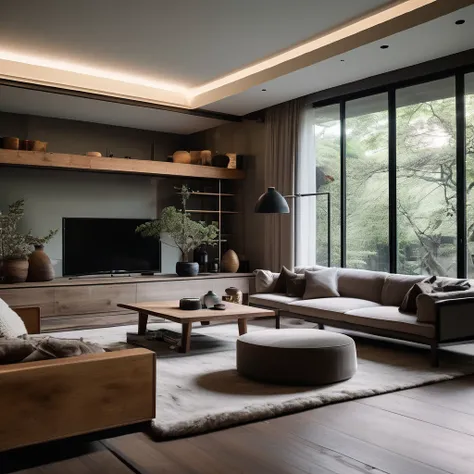 cinematic photo,mrares, ((wabi-sabi style:1.5)), (wabi-sabi_style:1.5), (Zen:1.5),(wabi-sabi elements:1.3), modern living room, simple style, living room, home, concrete plain wall, wooden floor, there is a sofa placed in the space, a projection screen fac...