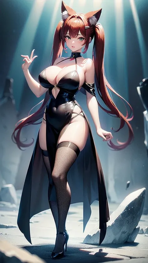 (masterpiece), best quality, expressive eyes, perfect face, perfect hands, blushing, red wolf queen, heterochromia, hair fringe, hair clips, huge teardrop , sexy dress, cleavage, v-neck, fabric lace, fishnet stockings, long cape, fluttering, long high twin...