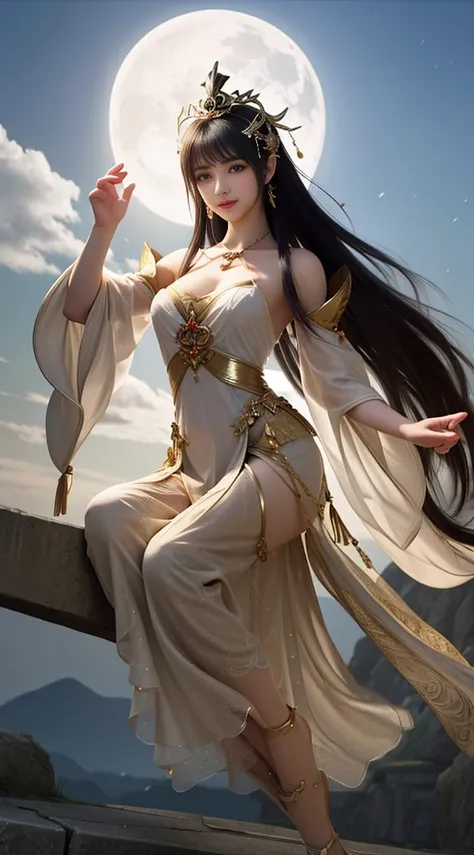 Moonlit landscape，The goddess in costume dressed in Han costume is unique。Her gorgeous costumes sparkle，The skirt swayed in the breeze，It looks elegant and dynamic。There was a playful look in her eyes，It is as if you are at one with this tranquil nature。

...