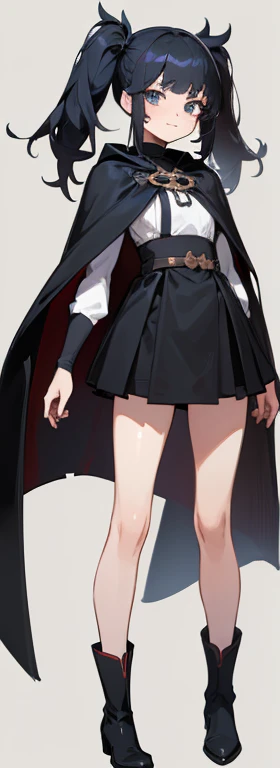 ((One girl)), (((solo))), (((whole body))), front, Twin tails, Are standing, Simple Line,   Distinct facial features, smile, ((Simple Background)), Black cape,  short boots, ((Masterpiece，Highest quality，Best Quality，Ultra-high resolution，Distinct facial f...