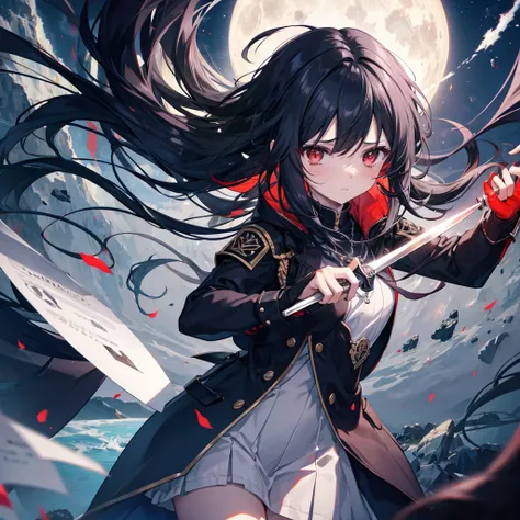 ((Fantasy　Black Hair　Long Hair　Dull red eyes　Hold the knife　uniform　Lonely　despair))　((necklace　tears　gloves))　(Broken glass　Distorted Space-Time　star　moon)　Catch the wind　autumn　Shining Background　Particles of light