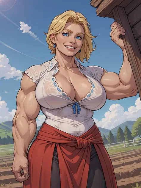 female, blonde hair, blue eyes, huge breasts, muscular, bodybuilder, smiling, medieval outfit, peasant, farm environment, landscape, (loose white blouse:1.2), huge breasts, cleavage, bare arms, from below, extremely low angle, 