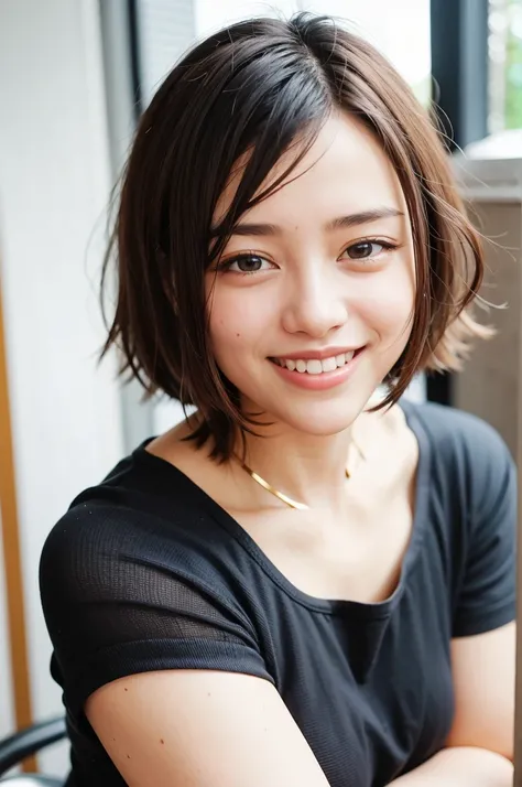 Top quality, 1 beautiful woman, super short Hair, gold hair, wearing Striped Shirt, Giddy Smile, Natural Light, at park 