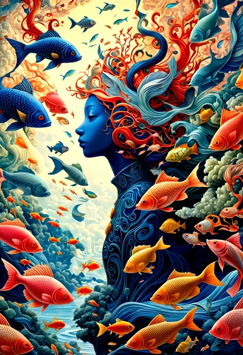 a detailed intricate surreal dreamlike digital art, a masked figure in the sky, schools of fish chasing, James Jean style, highly detailed, cinematic lighting, vibrant colors, photorealistic, 8k, (best quality:1.2), (masterpiece:1.2), (photo-realistic:1.37...