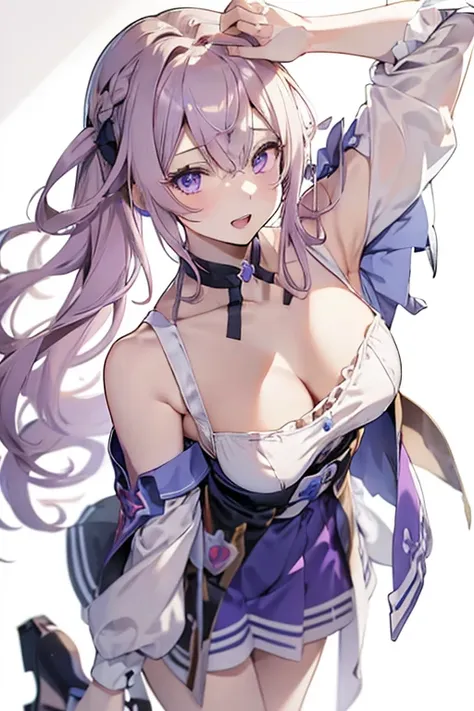 (from below:1.2),a girl , purple color hair、Purplish blue eyes that dreamers desire, (Blonde hair) , small stature, Colossal tits, , (masutepiece:1.2, Best Quality), (finely detailed beautiful eye: 1.2), (beautifull detailed face), (perky chest:1.1), (poin...