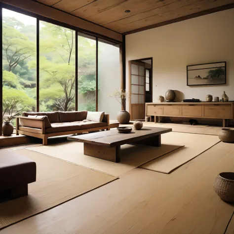 cinematic photo,mrares, ((wabi-sabi style:1.5)), (wabi-sabi_style:1.5), (Zen:1.5),(wabi-sabi elements:1.3), japanese living room, simple style, living room, home,  wooden floor, there is a sofa placed in the space,  wide angle,long-focus,depth of field, . ...