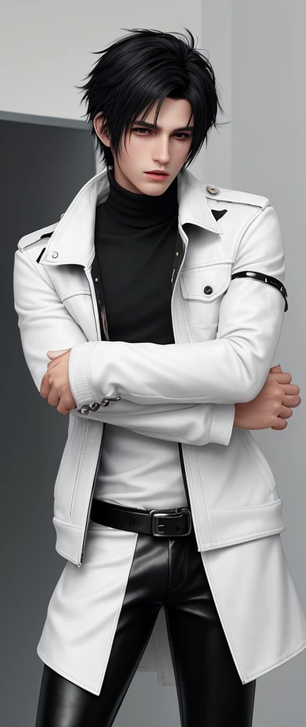 Final fantasy taste and reality graphics, Japanese young cute and cool ikemen  boy, his age is early 20s, thin eyebrows and beady eyes,  he wearing off white color leather  thick material jacket, jacket is singlebrest, biker style jacket, with epaulet, jac...