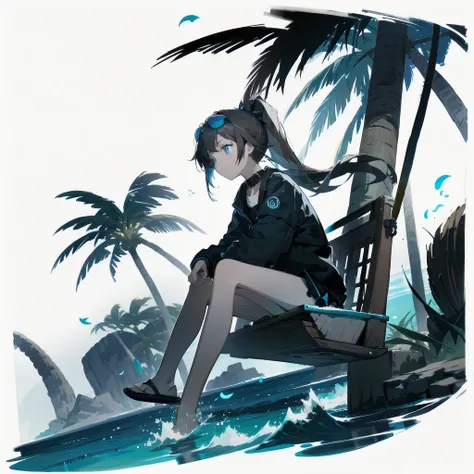 [(White background:1.15), ::2]alone, medium shot, whole body，small stature，Brown flowing ponytail，black collar， Black and blue theme swimsuit，bikini，blue eyes，cold，starlight，Ocean滩，coconut tree，blue glowing flower，blue floating water，Ocean，sitting on the s...