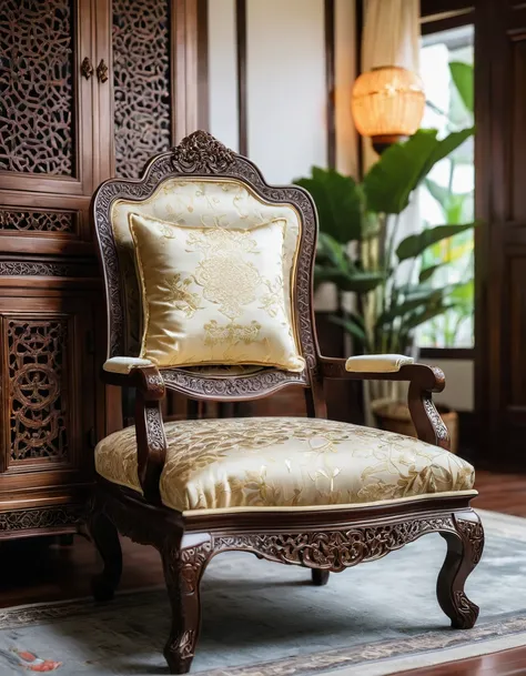 Close-up shot of a classic wooden armchair in an Indochinese-style bedroom. The chair features intricately carved armrests and legs, with a plush cushion in a rich, vibrant fabric. The depth of field (dof) effect focuses on the chairs craftsmanship and fab...