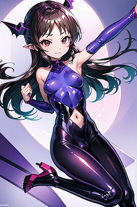 draw a face carefully　high quality anime style faces　super shiny skin　black and purple leotard with red trim　pink pantyhose　succ...