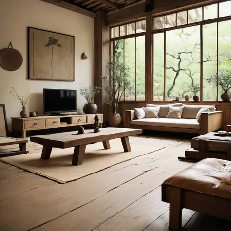 cinematic photo,mrares, ((wabi-sabi style:1.5)), (wabi-sabi_style:1.5), (Zen:1.5),(wabi-sabi elements:1.3), traditional living room, simple style, living room, home, wooden floor, there is a sofa placed in the space, wide angle,long-focus,depth of field, ....