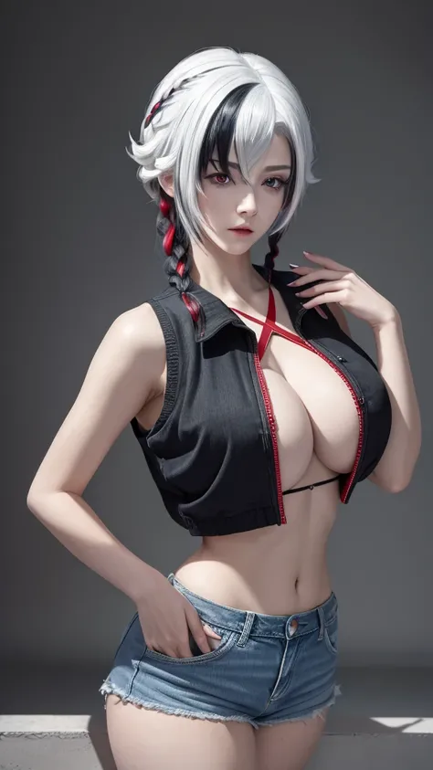 （Lifelike，high resolution：1.3）， 1 girl with perfect body，White hair，Black Hair，Colorful Hair，short hair，Straight Hair，White hair long braid，Glowing red eyes，Red X pupil，Super delicate face and eyes，Vest random color：1.2，Denim shorts，Big breasts，gully