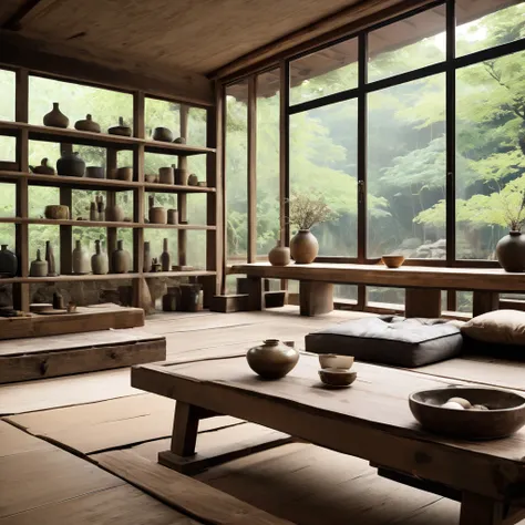 cinematic photo,mrares, ((wabi-sabi style:1.5)), (wabi-sabi_style:1.5), (Zen:1.5),(wabi-sabi elements:1.3), traditional living room, simple style, living room, home, wooden floor, there is a sofa placed in the space, wide angle,long-focus,depth of field, ....