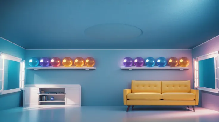 The image displays a vibrant scene featuring a white wardrobe, a yellow couch, and a collection of spheres in various colors, all set against a blue wall with a ceiling light, smooth 3d model, glossy plastic texture, multiple light sources, rim light, shar...