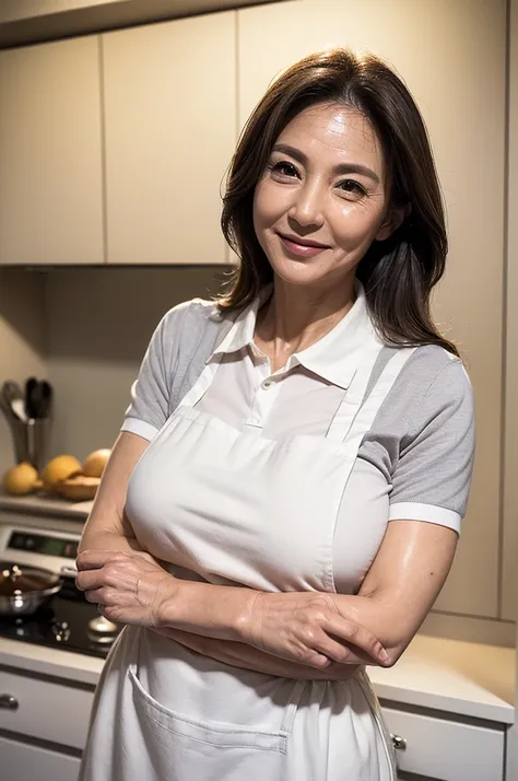 (masterpiece:1.4),(58 years old female :1.5),(Facial wrinkles:1.2), (Long Hair : 1), gentle smile, beautiful Mature Woman, (White apron : 1.3), (short-sleeve collared shirt : 1.2), pores, Skin blemishes, fleckled skin, realistic detailed skin, (Plump arms ...