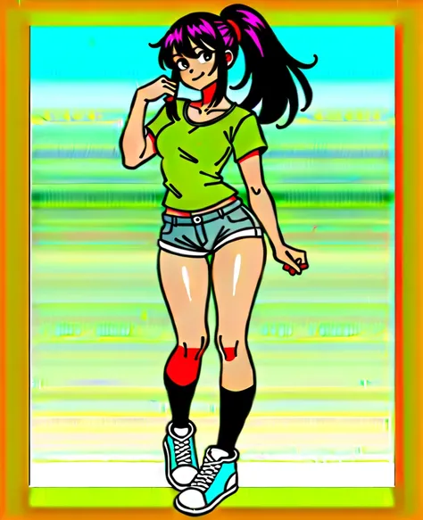 High quality、Anime Art、One Girl、Long black hair, bangs, ponytail, big brown eyes, smiling with mouth closed、Layered over a white short-sleeved t-shirt is a pastel green tank top with no pattern and short length 、Denim shorts and thigh-high black socks、Pink...