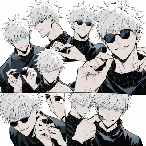 1boy, male focus, gojou satoru, jujutsu kaisen,Anime male character, Comic style without colorlively,and fun-loving, short hair, messy white hair, blue eyes, bright, smiling, confident, with a sense of playfulness, black turtleneck sweater, black round sun...