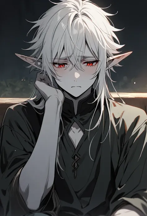 one young elf man, grey skin, short white hair, red eyes dark clothes, tired, sad