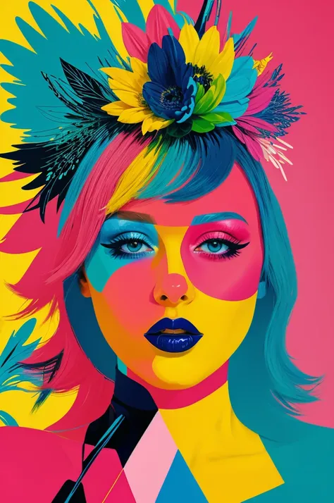 Create a digital work of art in pop art style, featuring a vibrant, confident woman with bold makeup and colorful fashion, Cinematic color scheme, surrounded by abstract flower patterns, energetic brushstrokes,Humor must be dynamic.