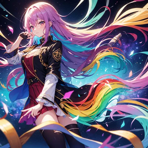 ((Fantasy　Rainbow Hair　Make your hair rainbow-colored on the inside　Long Hair　Dull red eyes　Has a galaxy　uniform　Put on a coat without putting your arms through it))　((Lonely　despair　tears　gloves))　(Broken glass　Distorted Space-Time　star)　Catch the wind　au...