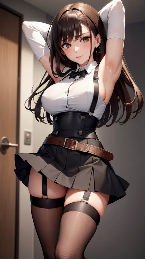 Black skirt, 　Suspenders, Brown hair grey eyes, Garters on legs, Tight clothing, 　　 belt　Armpit sweating　　Poker face　Medium breasts