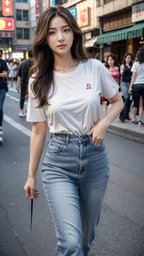 best quality,8K, Detailed facial depiction, Detailed eye description, Brown hair(Long wavy hair),美丽的South Korea女孩, 40 years old, slim, Huge breasts , T-shirt and short jeans , Walking with many people in Itaewon, the city center, South Korea , Long-term co...