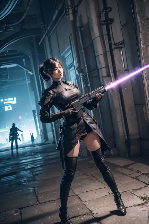 A beautiful woman in cyberpunk magical fantasy world, holding a magical glowing rifle, epic design, magical glowing weapons, wearing practical combat outfit, military uniform-like clothing, engaging in combat action, cool beauty