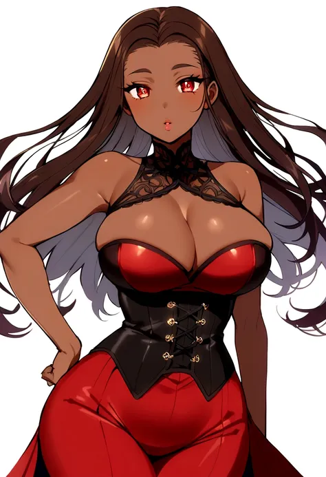 Dark brown skin, human, beauty mark under left side of lip, beautiful, kissable full lips, black silky hair soft hair anime hair, woman, red eyes, slim thick, busty, curvy hips, wearing corset top and skirt,dark skin, siren shape eyes.