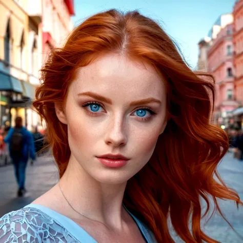 red-haired model with light blue eyes, Walks in the pedestrian zone of the city. The background is the city center of a big city. Many locations. flawless skin, natural face, detailed face, detailed hair, detailed hands, detailed feet, feminine figure, pho...