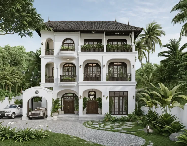 render a 3-story indochine-style villa in a serene setting. the villa's exterior is painted in a simple, elegant white, with tra...