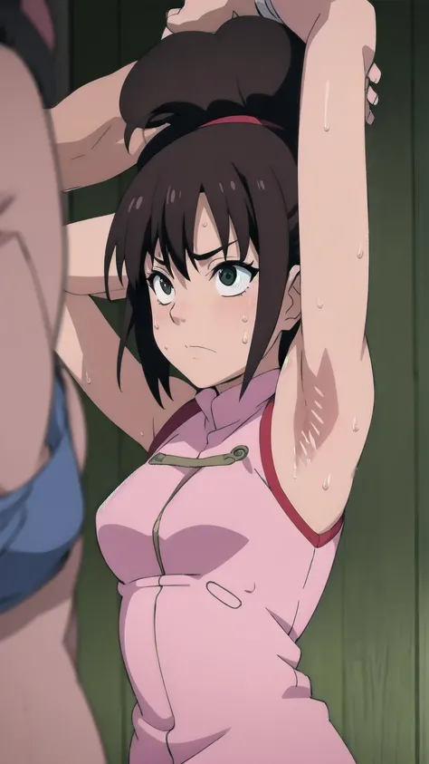 Tenten,solo,armpits,wet armpits, showing wet armpits, armpit,armpits,sweat,sweaty,sweaty armpits,awesome armpits,tired,exhausted,arms up,arm warmers,sleeveless, moderately sized breasts, nude, naked 